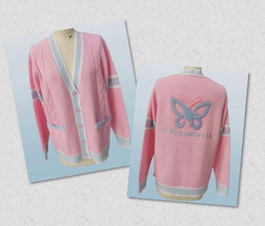 STYLISH PINK CARDIGAN WITH RIB KNIT, CHENILLE & EMBROIDERY "GPD"